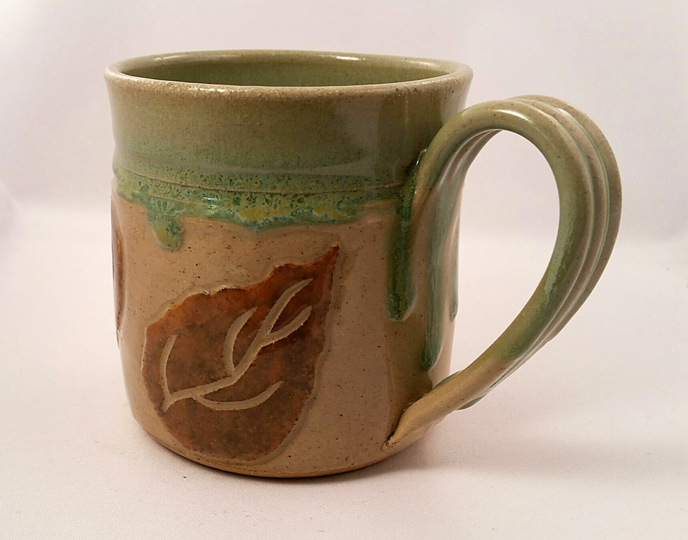 Mug green and brown with leaf original